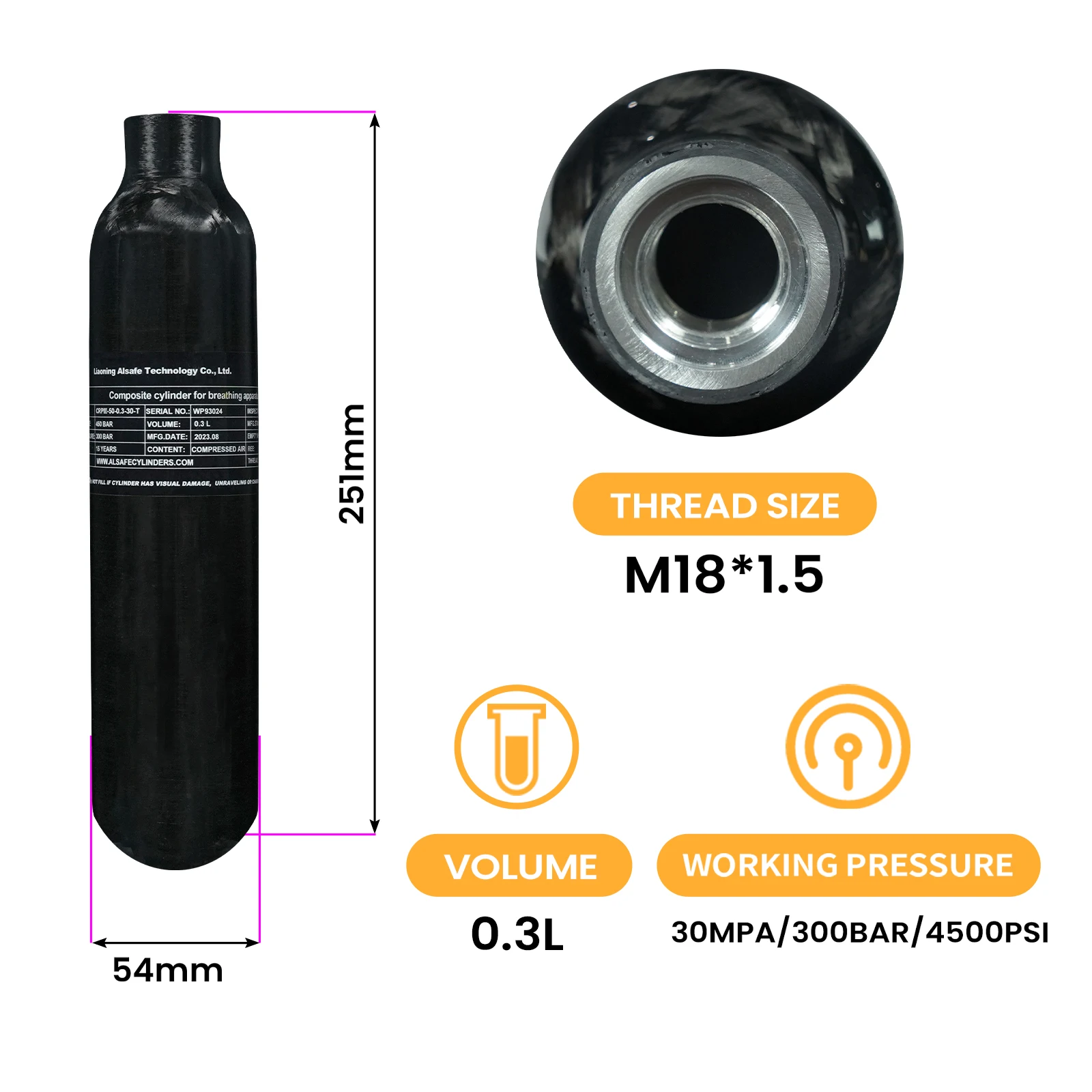 TUXING Factory Low Price High pressure 0.3L 3000psi 300bar CE Paintball Composite Materials Aluminum Black Carbon Fiber Air Tank