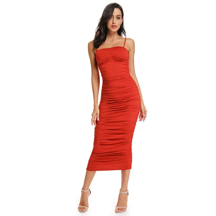 2023 Latest Design Sexy Clubwear Red Spaghetti Strap Cami Bandage Dress Pencil Evening Bodycon Summer Ruffled Midi Dresses