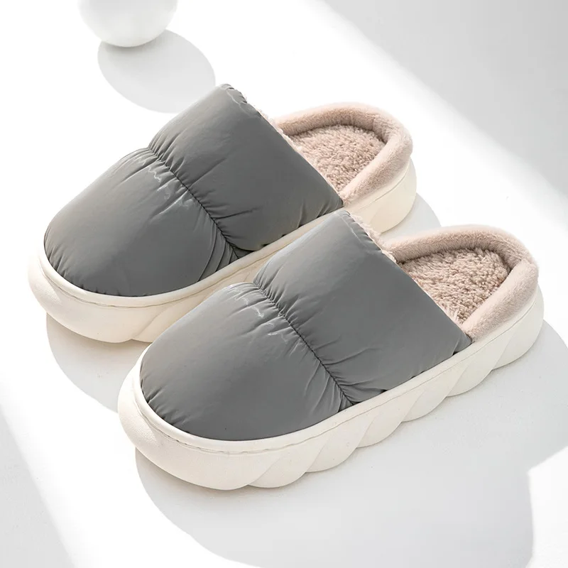 Autumn and winter solid color rainproof cloth thick sole down slippers anti-slip cotton slippers