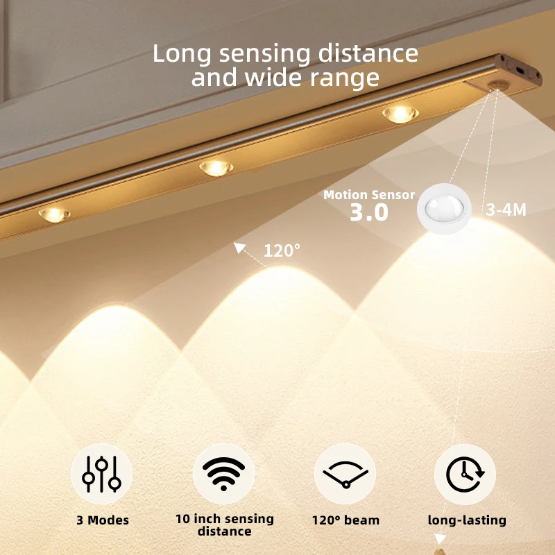 Black Aluminum USB LED Rechargeable Dimmable Operated Motion Sensor Under Counter Lights for Kitchen Stairs