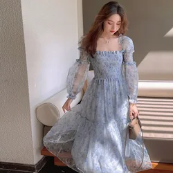 Boho Beach Floral Summer Dress Elegant Lace Puff Sleeve Midi Dress Women Square Collar Female Party One Piece Dress Korean