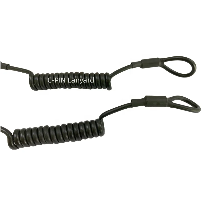 C-PIN 7*7 304 steel wire rope coiled coated black PU with two loop safety tool lanyard For fishing rod