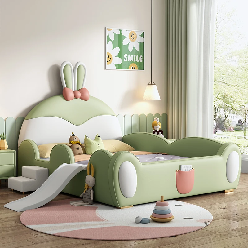 Modern Simple Rabbit Princess Bed for Kids 1.5m Bed with Guardrail Silicone Leather Bed Children Babies Bedroom Hotel Made Wood