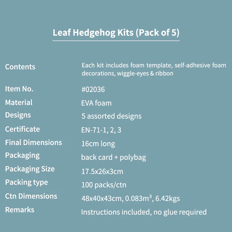 Leafy Hedgehog Kits, Autumn and Winter Arts and Crafts (Pack of 5), Assorted