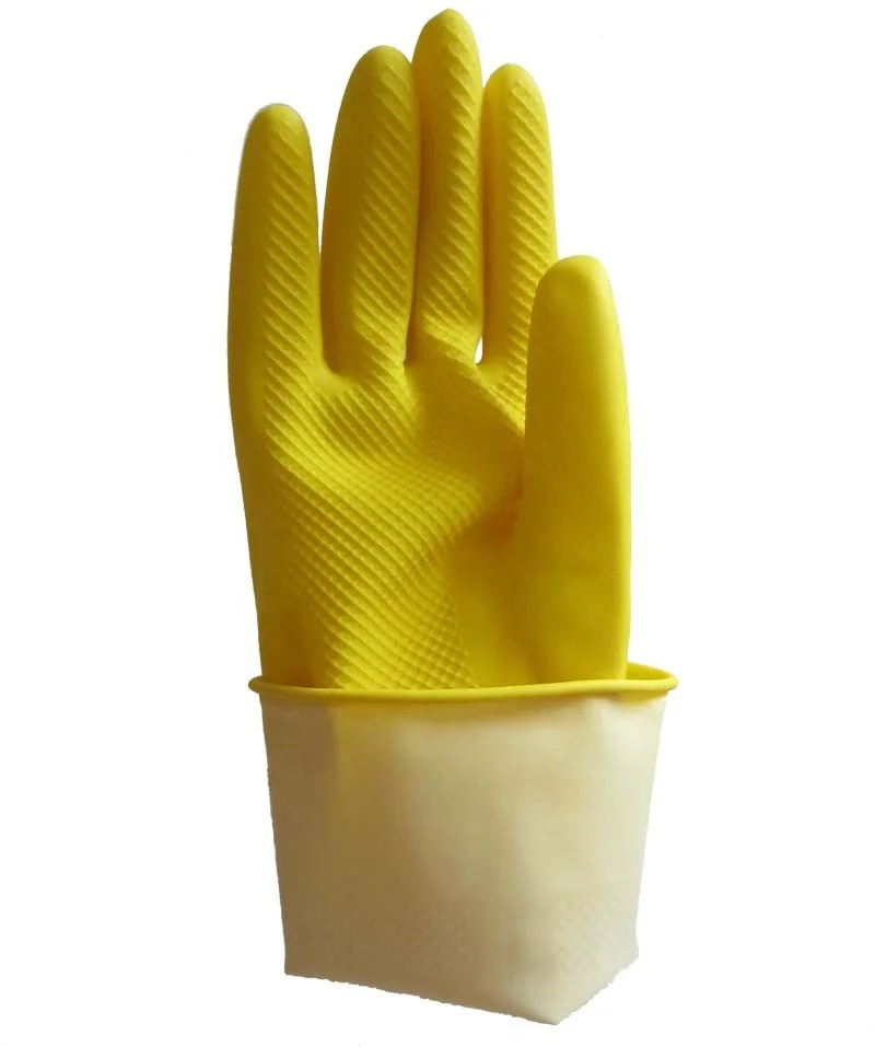 72g Dip flocklined yellow household latex gloves kitchen cleaning washing waterproof latex rubber gloves