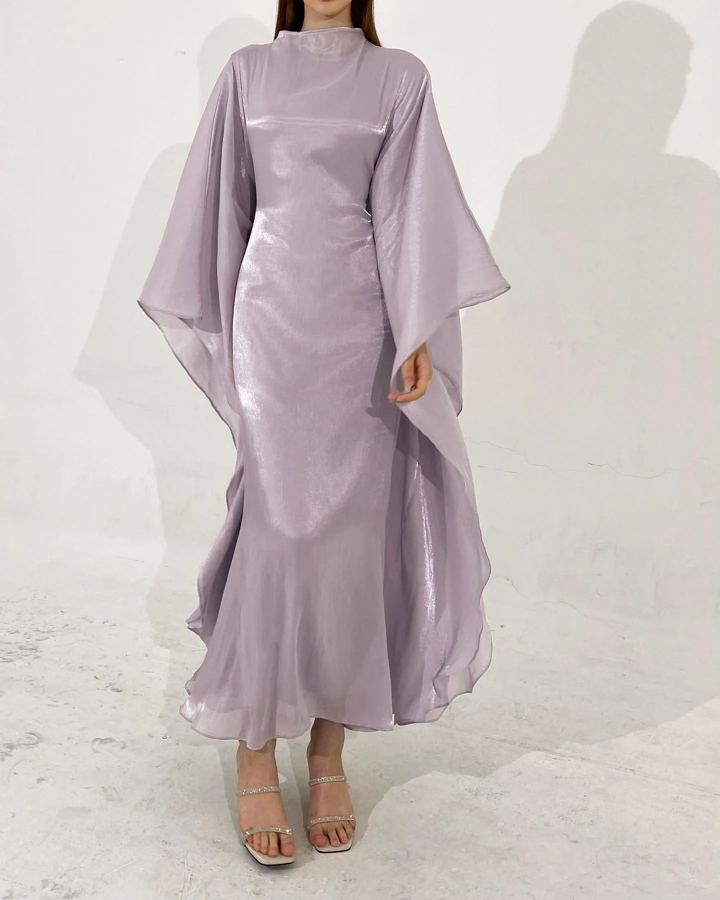 Sheen Kaftan Dress In Lilac With Stain Under Layer,  Chiffon Organza ,  Long Sleeves,  Oversized Loose Cut