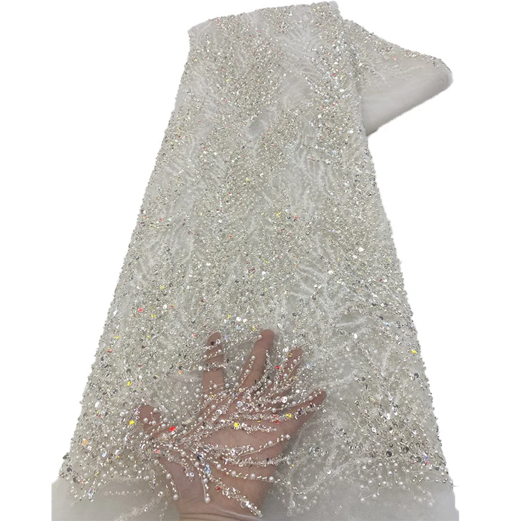 Factory Price Luxury White Lace Fabric Embroidery Sequence Beaded Embroidered Wedding Lace Fabric For Dress