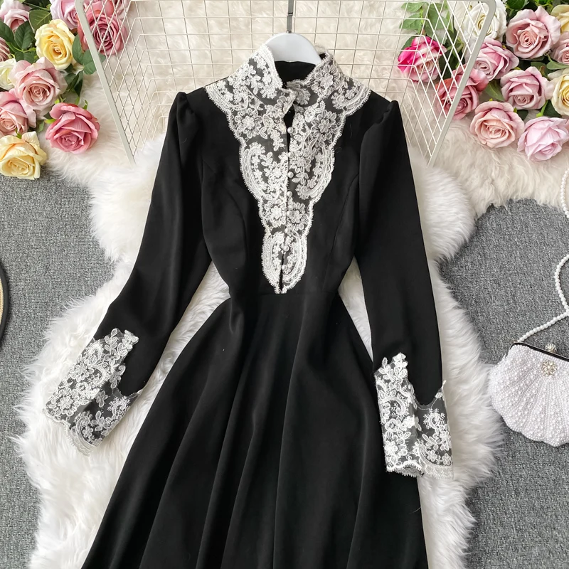 Autumn and winter clothes new Hepburn style long skirt western evening dress French dress