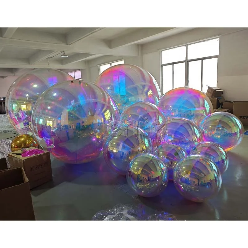 Big shiny balls rainbow holographic iridescent translucent chrome pvc mirror balls 1m inflatable mirror ball