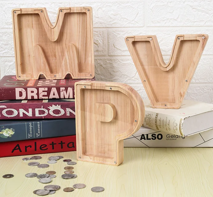 Custom wooden cartoon transparent Piggy coin bank kids money saving storage cash collecting box safe surprise gift