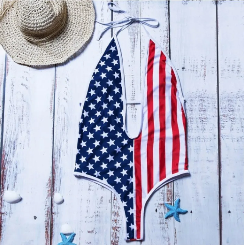 3D Custom Logo V-Neck One Piece Bikini Set Solid Sexy Fitness Swimwear with US Flag Print Plus Size Beachwear for Women