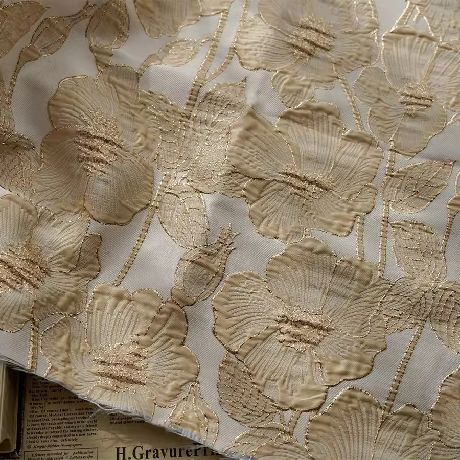 Vintage Gold Silk Jacquard Fabric with Large Flower Embossed Texture Yarn-Dyed for Spring Dresses Mixed Fabric