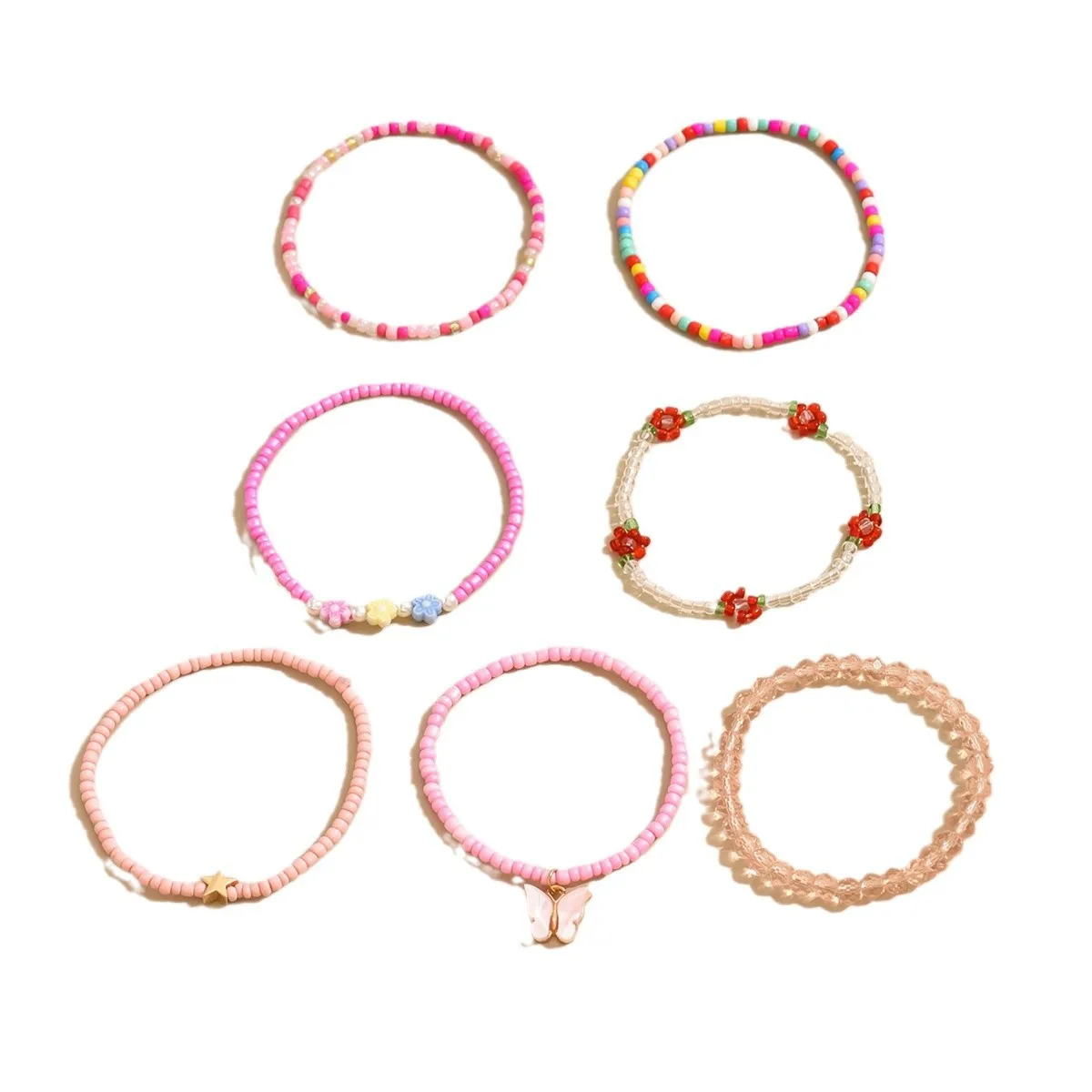 Simple Sweet Pink Beaded Bracelet Small Flower Stars Butterfly Colorful Rice Beads Hand Jewelry