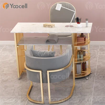 
Yoocell High quality powder coating gold frame nail table grey color manicure table beauty nail chair for two people 