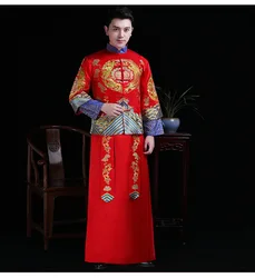 Red China Flower Dragon Phoenix Embroidered Slim Traditional Chinese Wedding Dress for Bride and Groom
