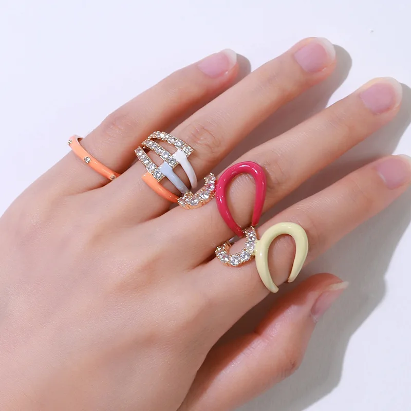 Candy color gold microscope zircon geometric brass ring retro enamel rings for woman