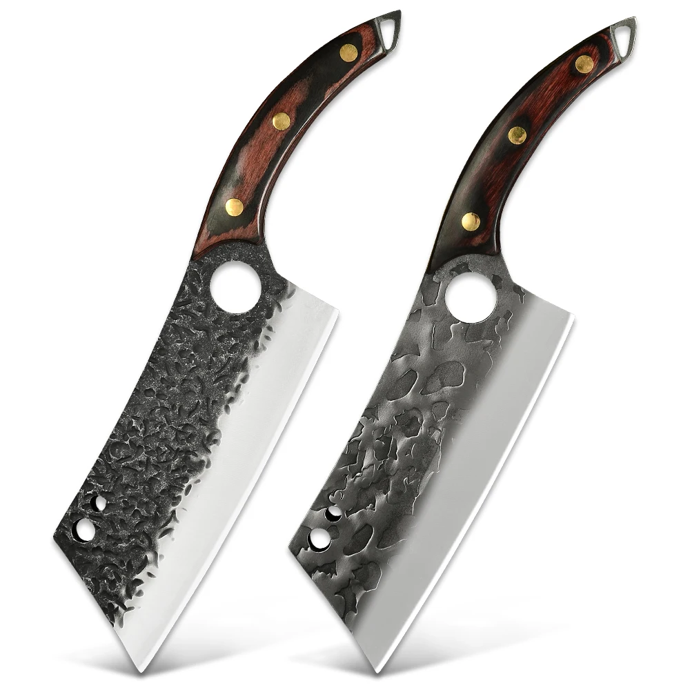 Xingye Custom 7.5 Inch Full Tang Wooden Handle Hammer Finish Non-stick Meat Cleaver Square Metal Chef Fruit Vegetable Knife