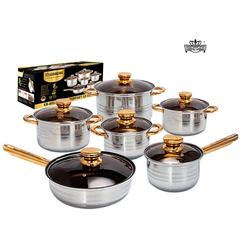 Royal Louis Minimalist Stainless Steel 6-Piece Cookware Set Double Bottom Nonstick Kitchenware Silver Gold