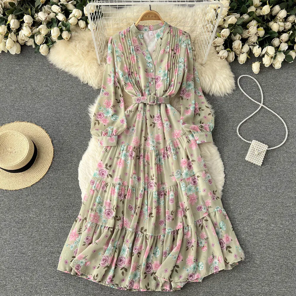 Women Clothes Long Sleeve V-Neck Print A-Line Dress Floral Print Chiffon Ladies Casual Dress