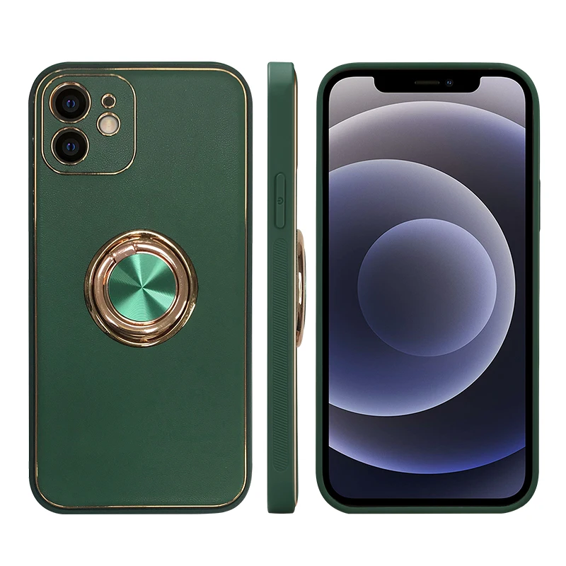 Hot Selling Luxury Electroplating Ring Leather Phone Case Stand Soft Gold Mobile Cover  for iPhone 13 12 11 Pro Max