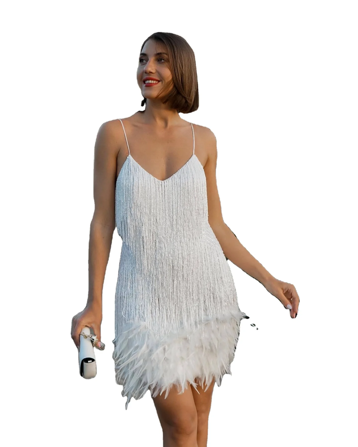 Fashion fringe sequin feather patchwork dress in stock