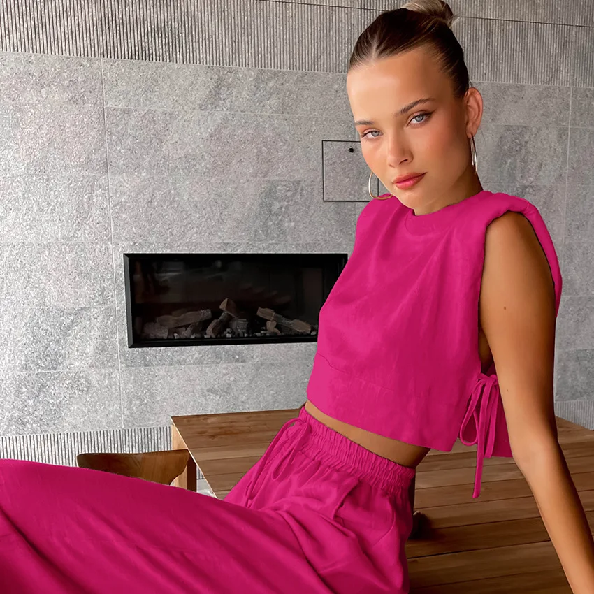 Women Sleeveless top and pants two-piece set casual fashion cotton linen set for women