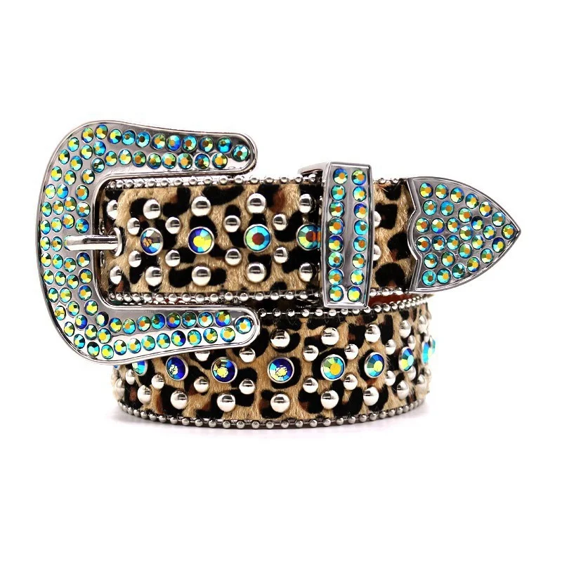 Brown Leopard Western Luxury Crystal Rhinestone Belt With Full Diamond Alloy Buckle Fashion Punk Trendy Diamond Belt