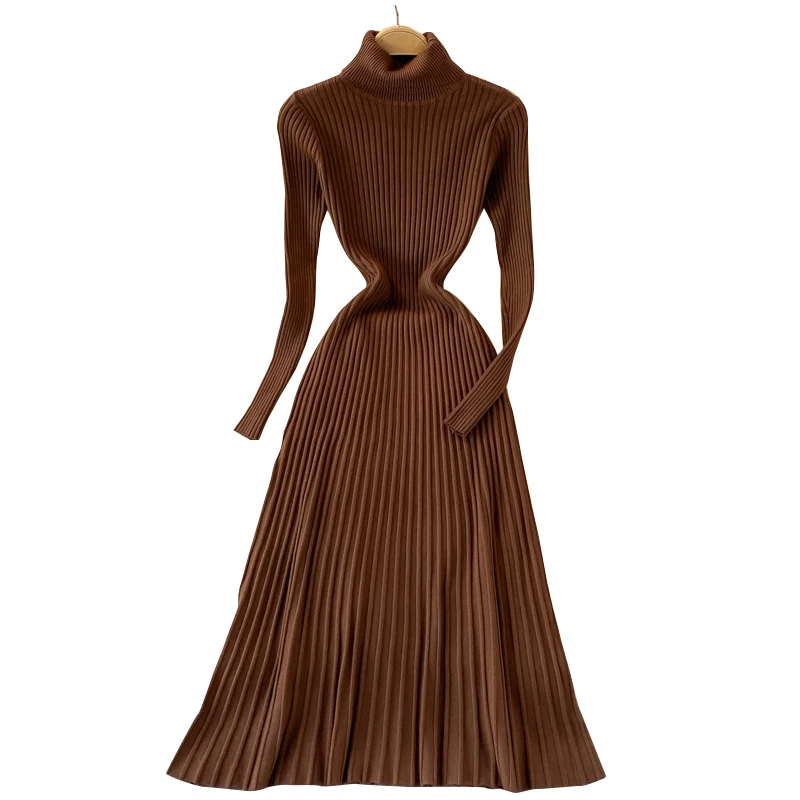 Autumn Winter Warm Turtleneck Sweater Dress Women Long Sleeve Casual Ribbed Knitted Midi Dress Elegant Pleated Dress