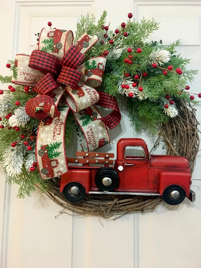 Ychon 2024 Hot selling Outdoor Wreath Garland with Red Truck for Christmas day decoration Wall Decor
