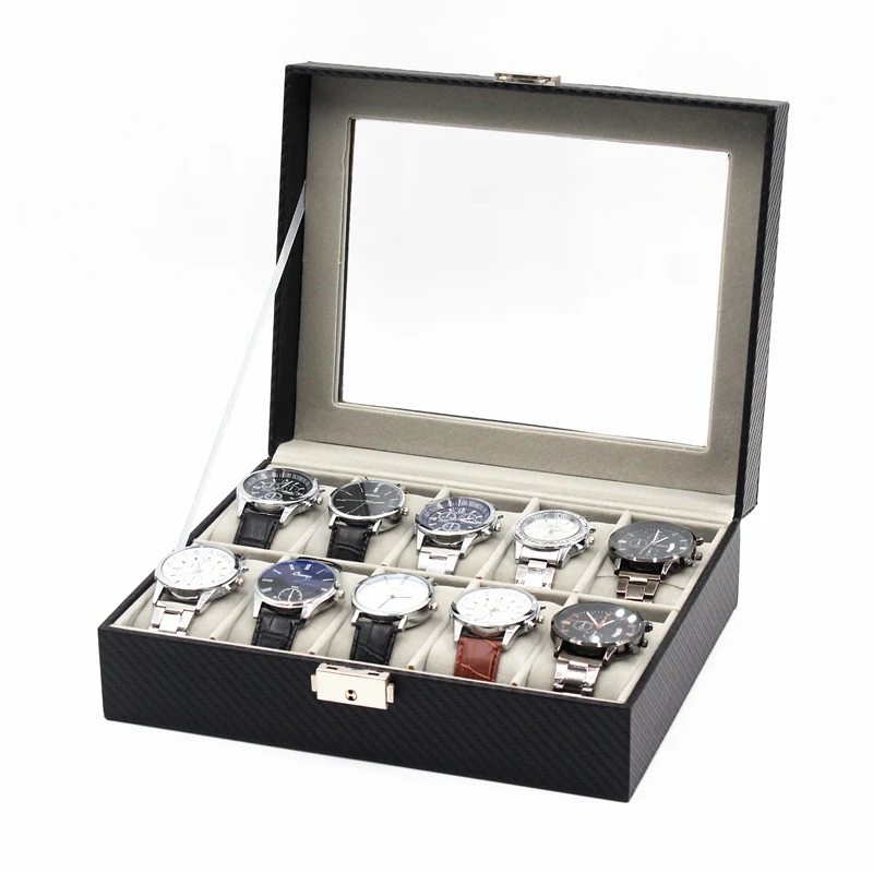 Рекламная коробка для часов, 10 слотов, коробка для часов из углеродного волокна и искусственной кожи, оптовая продажа