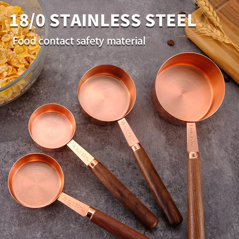 Набор мерных чашек и ложек с деревянной ручкой из орехового дерева покрытием розового золота