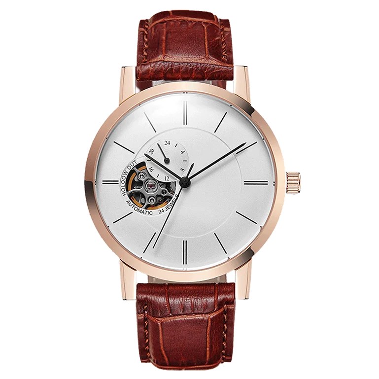 Custom cow leather strap 24 hours show skeleton leisure men mechanical automatic watch