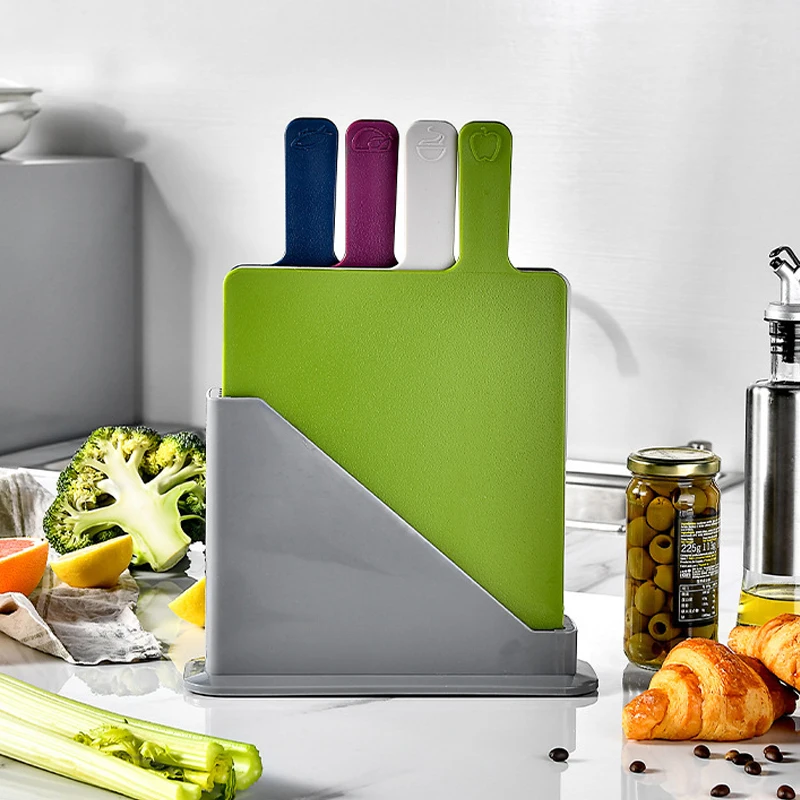 Kingwise home and kitchen supplies four color cutting board set plastic index chopping board with handle