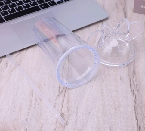New Style 16oz Double Wall Plastic Cups with Straw and Dome Lid Reusable Acrylic Clear Mouse Ear Tumbler Ice Coffee Cup