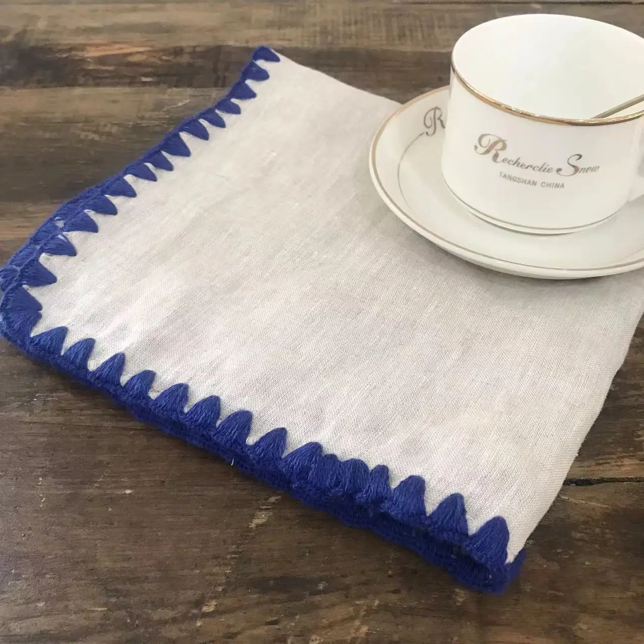 Dinner Restaurant Hemstitch Handkerchief napkin Cloth Embroidery Shell edge napkin White Linen Fabric Table Napkin