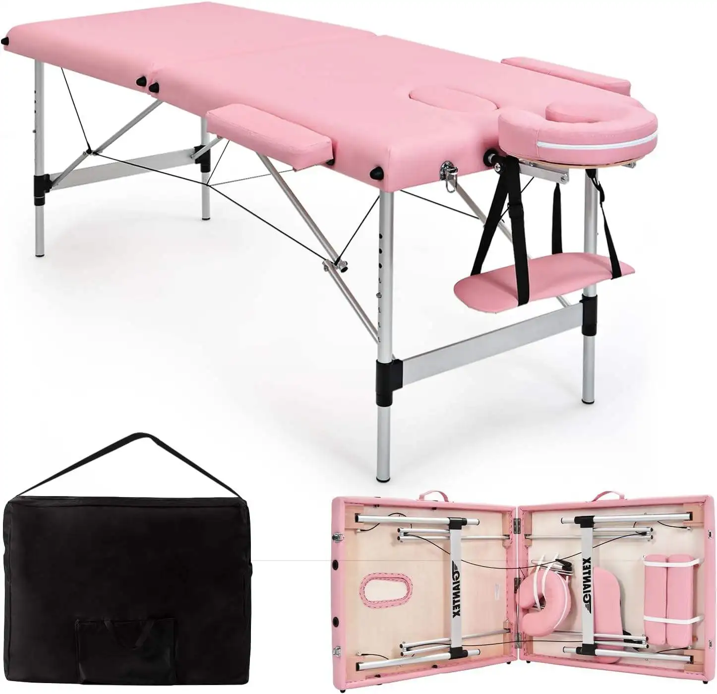 Height Adjustable Portable Folding Heavy Duty Sturdy Solid Aluminum Legs Beauty Salon Spa Pink Massage Table Bed