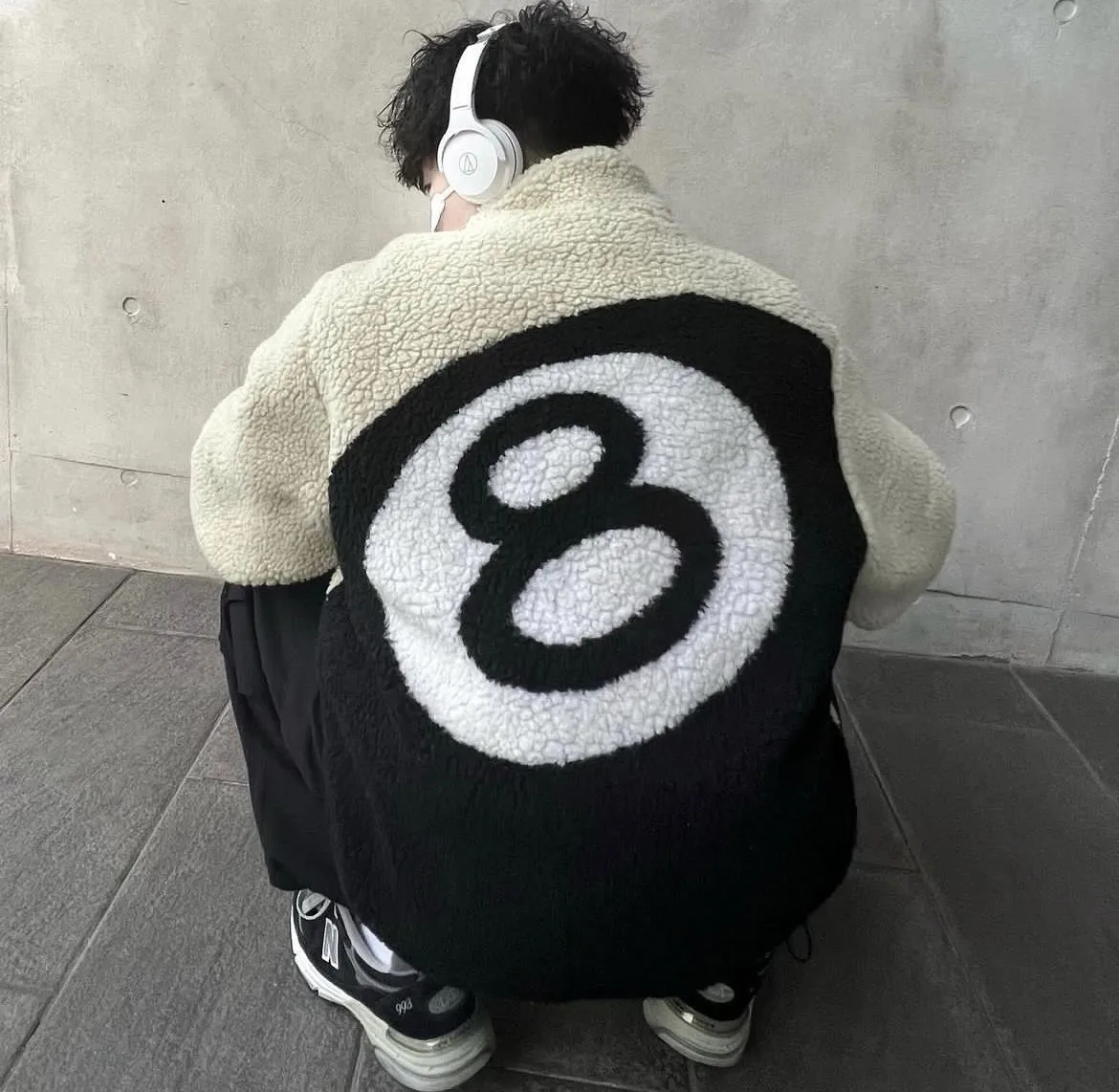 reversible sherpa fleece wholesale fur streetwear hip hop branded teddy outdoor polar print 8 ball winter sherpa jacket for men
