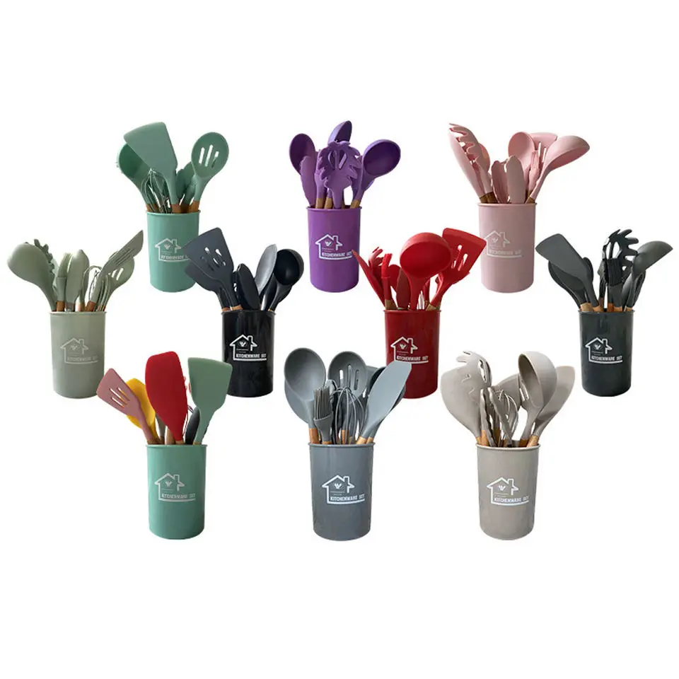 Wholesale  12 Pcs Silicone Kitchen Accessories Non-stick  wooden kitchen utensil set