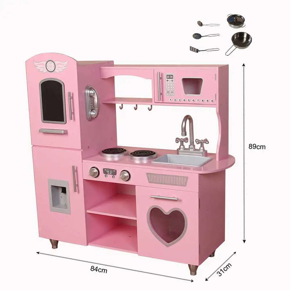 New Arrival Kids Upright Wooden Kitchen Toy Play set with Stove, Oven, Fridge and Accessories, Espresso/Gray