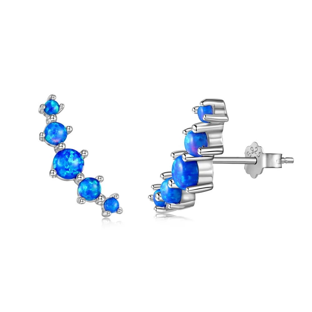 Fashion New 2024 Fire Blue Opal Stud Earrings Opal Ear Climber 925 Sterling Silver Hoop Earrings
