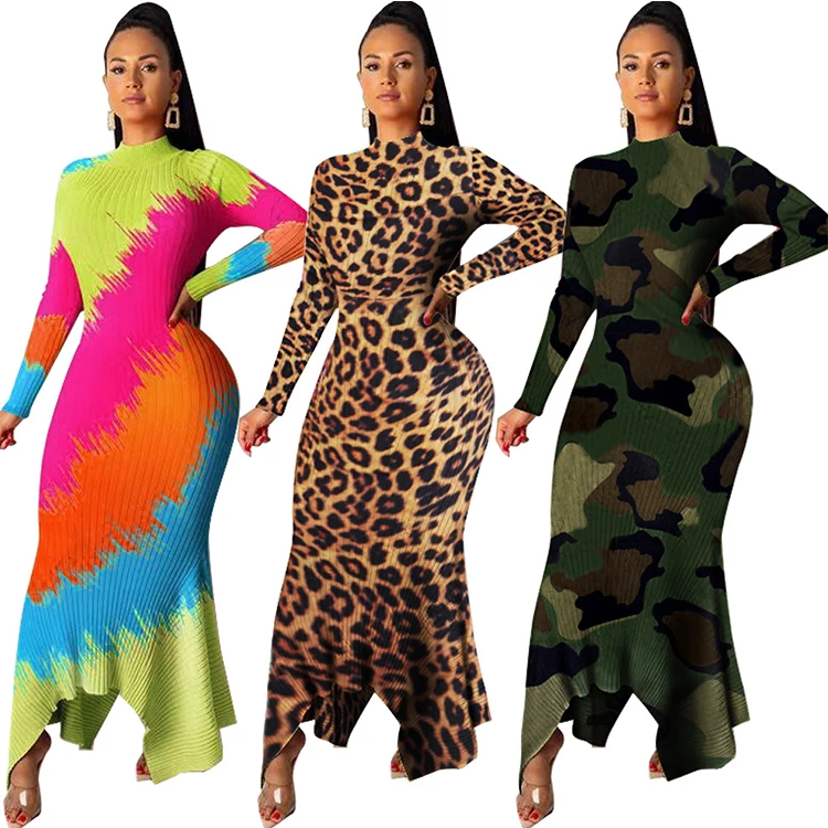 
Dresses Women Fall Clothing Lady Elegant Printed Long Sleeve Bodycon Turtleneck Dress 