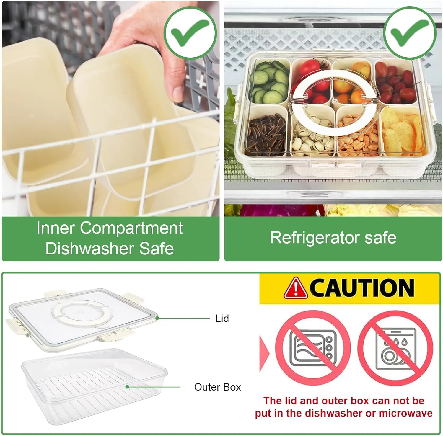 Portable 8 Compartment Divided Snack Salad Tray Clear PET Material with Lid Handles Snack Sauce Spice Boxes Sealed for Food Use