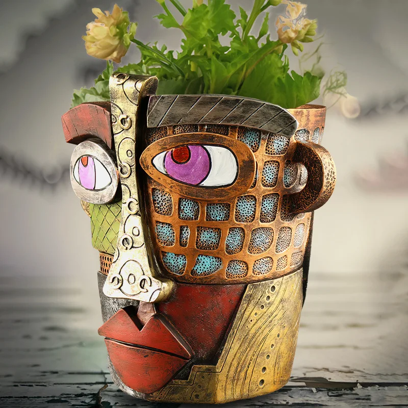New Retro Human Face Colourful Art Succulent Planter Resin Arrangement Antique Flower Pot Pot Decoration
