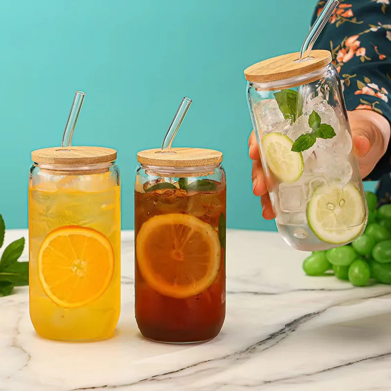 Стаканы для питья с бамбуковыми крышками и стеклянной соломенной банки в форме высокоборосиликатных термостойких стеклянных чашек