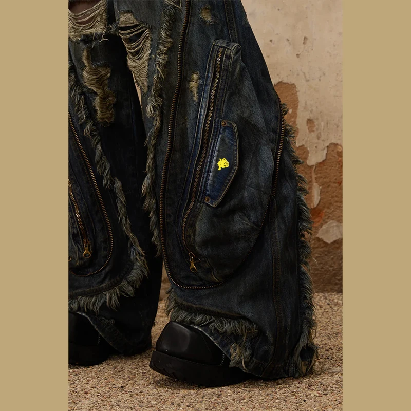 DIZNEW Custom 2024 Y2K heavy ripped jeans fringe design baggy jeans cargo pants with pockets for men and women