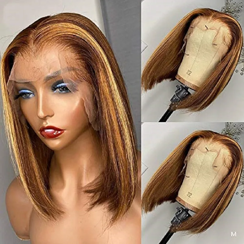 Wig Female Medium Dyed Brown Golden Short Hair Wigs Highlight Bob Wig With Bangs for Women