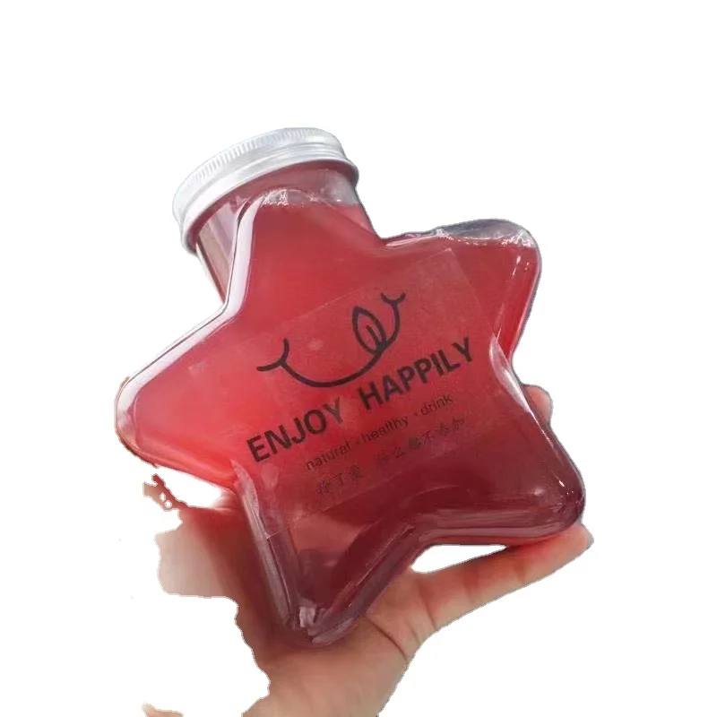 Creative Large Mouth candy Bottle Disposable Five Star shape PET Beverage plastic Milk Tea bottle  for Juice With Cap or Lid