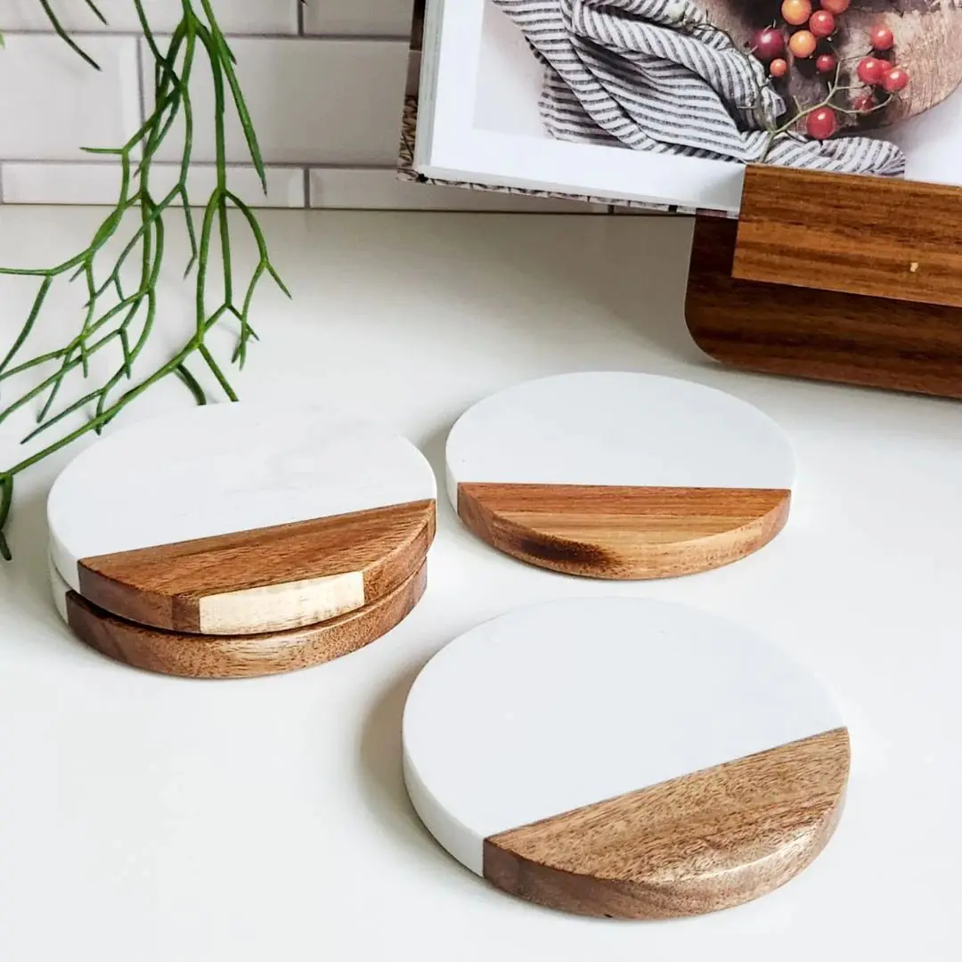 Natural Solid Polished Marble Acacia Wood Coasters with Matching Bamboo Holder For Restaurant