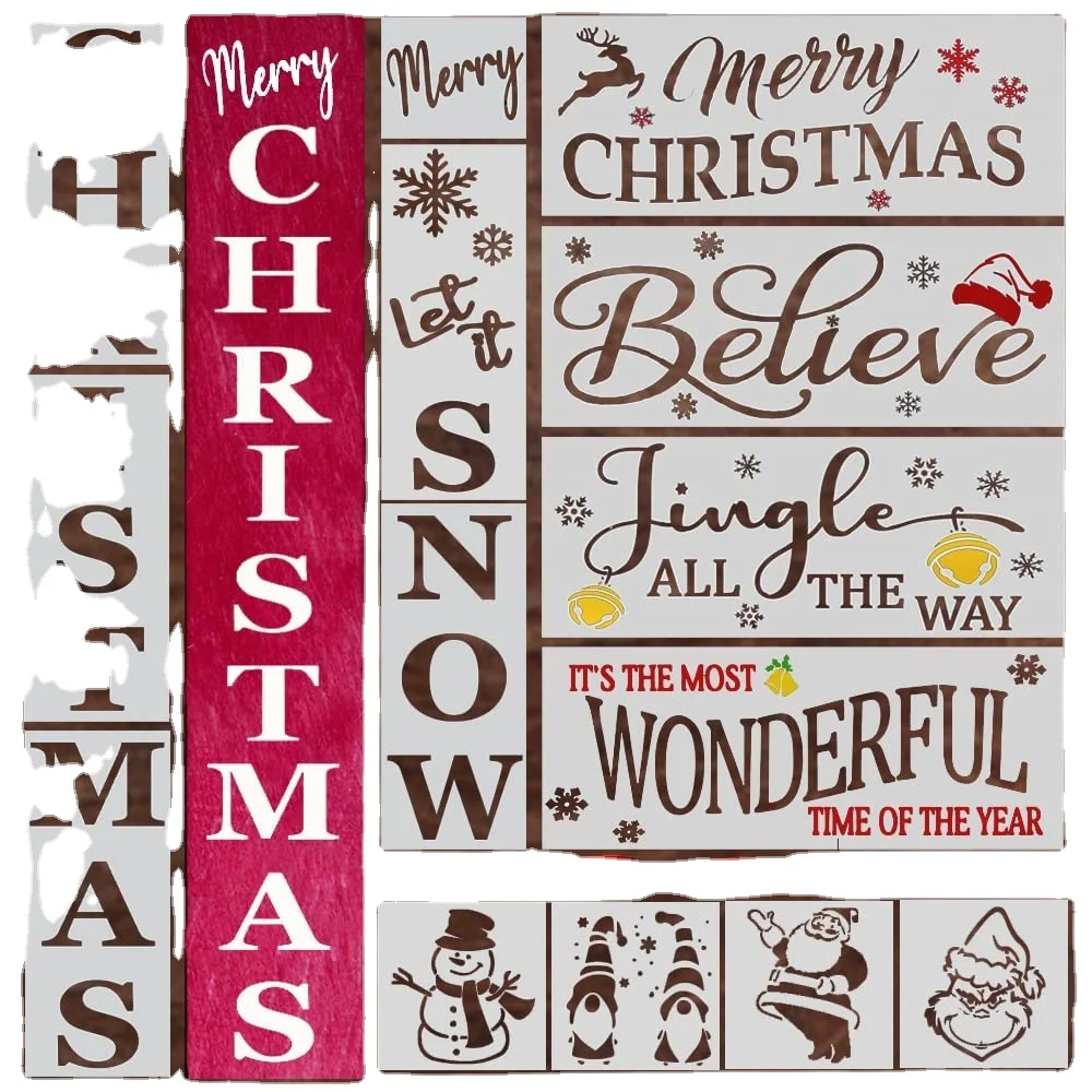 Christmas Stencils for Painting on Wood - Vertical Christmas and Let It Snow Sign - Reusable Templates with a Merry Christmas an