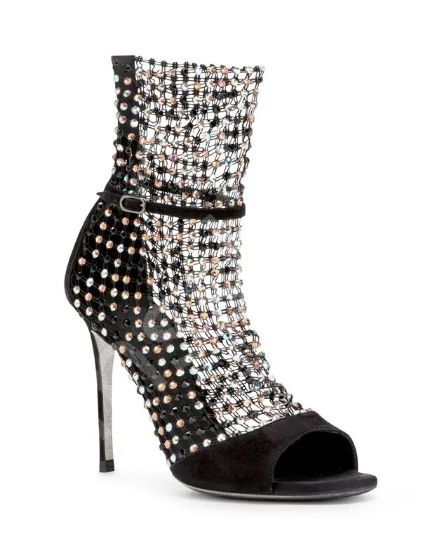 Luxury brand open toe mesh with diamond boots hot printed satin cutout roman boots 3.75inch high heel shoes for women